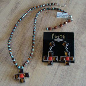 amber orange cross earrings and beaded necklace S3